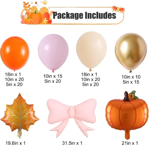 Vista 2 de Kit de arco de globos de otoño rosa de 149 piezas, guirnalda de globos de color naranja polvoriento rosa con lazo, calabaza, hojas de arce, globos