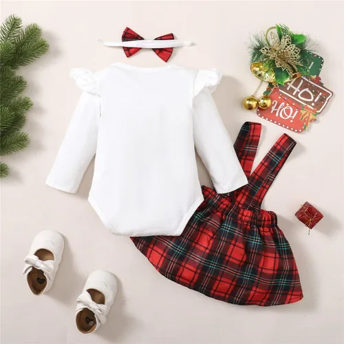 Vista 3 de Vedext Conjunto de ropa de Navidad para recién nacido mameluco de Navidad falda a cuadros con tirantes diadema