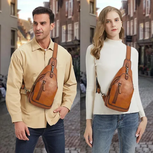 Vista 7 de LRTO Bolso bandolera de cuero genuino para hombres y mujeres, bolso cruzado de hombro de cuero real, bolsa de pecho, mochila