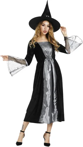 Vista 2 de Zhitunemi Disfraz de bruja para mujer, vestido de hechicera, sombrero de bruja malvada de araña, disfraces