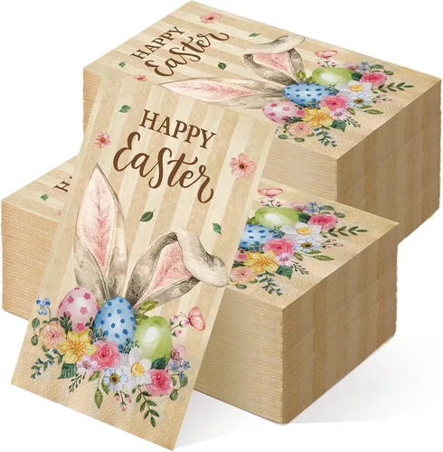 Vista 7 de Chiisong 200 servilletas de huevo de Pascua a granel, servilletas desechables de papel de acuarela floral de primavera con texto en inglés "He Is
