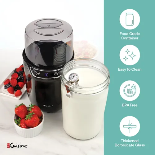 Vista 3 de Euro Cuisine YM360 Máquina para Hacer Yogur con control de tiempo y temperatura ajustable, tarro de vidrio de 2 cuartos de galón, termómetro GRATIS
