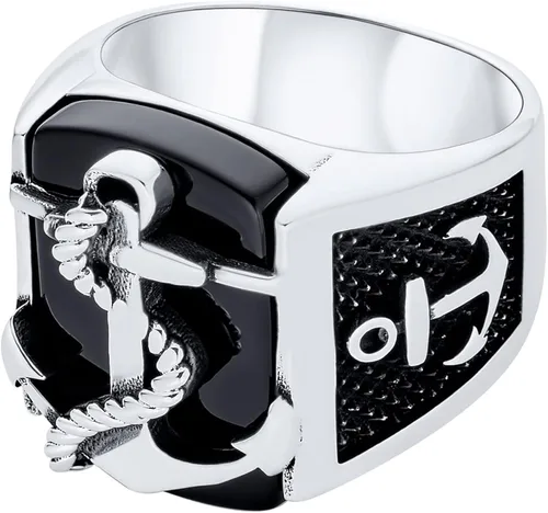 Vista 4 de Personalize Mens Nautical Black Onyx Gemstone Or Etched Brown Wood Inset Large Boat Anchor Signet Ring For Men Solid 925 Sterling Silver Made In