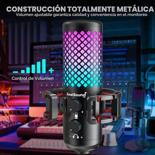 Vista 3 de ZealSound Micrófono USB para iPhone, iPad, teléfono, PC, micrófono RGB para juegos con metal completo, silencio, filtro pop, ganancia