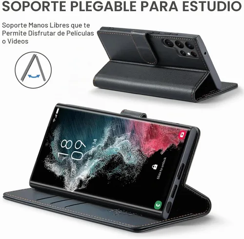 Vista 4 de FLIPALM Funda tipo cartera para Samsung Galaxy S22 Ultra, con bloqueo RFID, tarjetero, de piel sintética PU tipo folio con tapa plegable y función