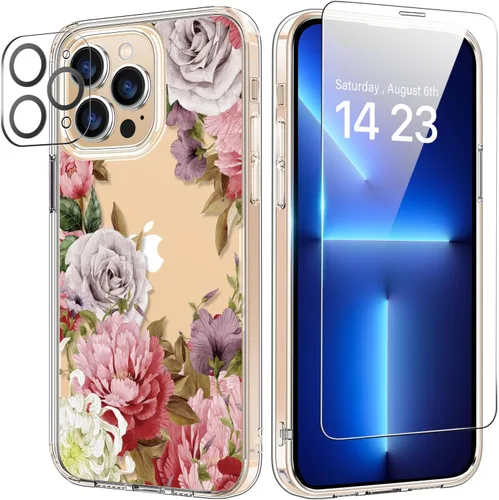 Vista 12 de bicol Funda para iPhone 14 Plus con Protector de Pantalla y Lente de Cámara - Diseños Florales de Moda para Mujeres y Niñas - Funda Transparente