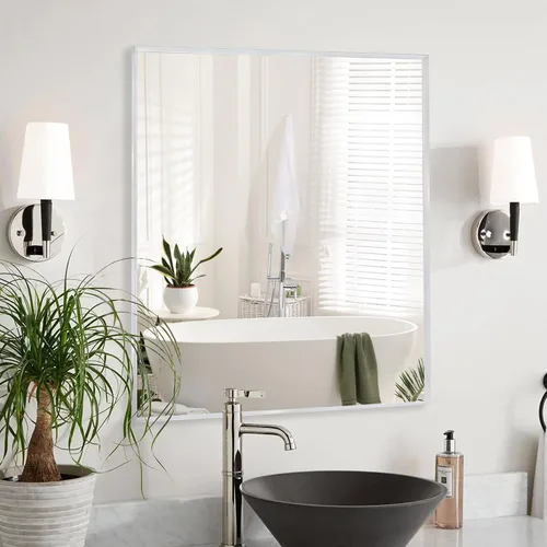 Vista 62 de 24x24 Inch Black Bathroom Mirror for Wall, Aluminum Frame Rectangle Rectangular Vanity Mirror, Modern Large for Bedroom, Living Room, Horizontal or