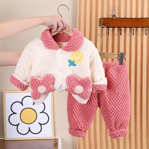 Vista 4 de TBUIALL Toddler Girl Winter Pajamas Coral Velvet Flower Print Casual Loose Winter Warm Clothes Set Fleece Warm