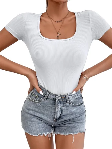 Vista 6 de Kivdol Women's 3 Piece Bodysuits Sexy Ribbed One Piece midriff Square Neck Short Sleeve Bodysuits