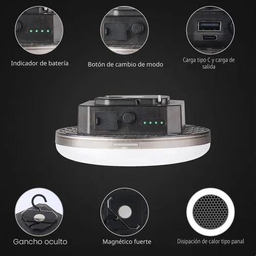 Vista 4 de Linterna LED recargable para campamento: luz de tienda de campaña con 3 modos y atenuación continua, carga rápida USB-C, IPX5 impermeable, gancho