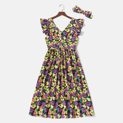 Vista 3 de Mommy and Me - Vestidos a juego con volantes florales y espalda descubierta, vestido de playa con cinturón autoatado para verano, mamá e hija