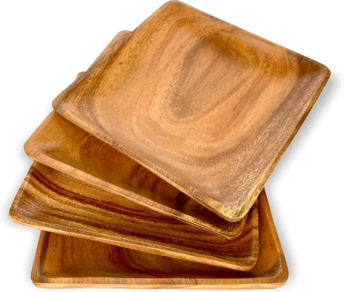 Vista 10 de Platos cuadrados de madera de acacia, 6 pulgadas, postre, aperitivos y pan
