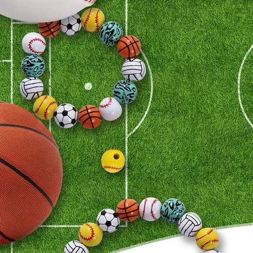 Vista 7 de Firstmeet Cuentas redondas pintadas de madera de 0.591 in, 60 unidades, cuentas sueltas en forma de baloncesto para hacer joyas, cabello