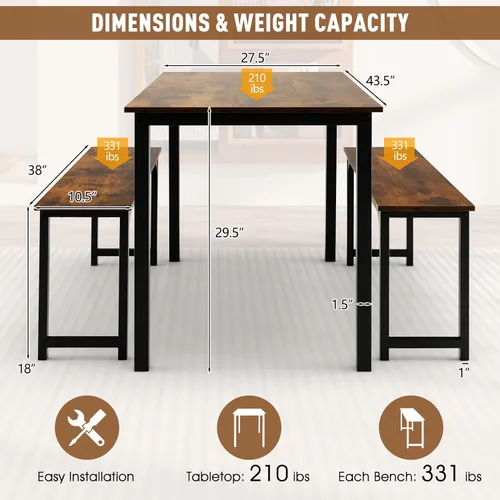 Vista 3 de NAFORT Juego de mesa de comedor para 4, mesa de cocina de 3 piezas con 2 bancos, mesa de comedor de 43.5 pulgadas que ahorra espacio con marco