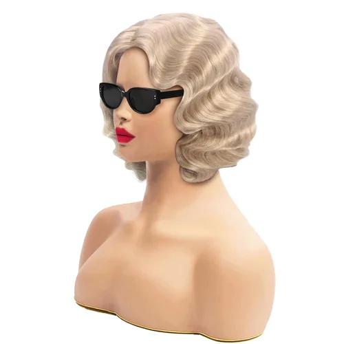 Vista 3 de IEBIYO Peluca rubia de los años 20 para mujer, peluca rubia con ondas de dedo, peluca vintage de pelo sintético para Halloween, cosplay, fiesta