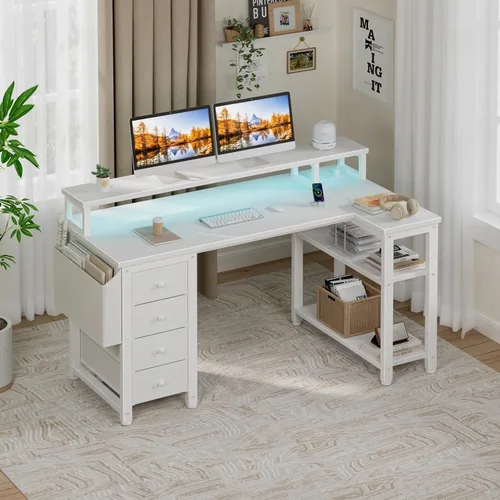 Vista 2 de Lufeiya Escritorio en forma de L con luces LED y tomas de corriente, escritorio de 47 pulgadas para computadora de estudio, escritorio