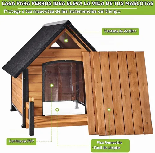 Vista 6 de Jaula de madera para perros para interiores y exteriores con marco de hierro antimasticación para perros pequeños, medianos y grandes, eleva