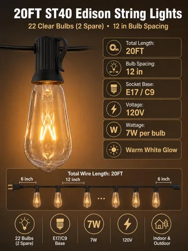 Vista 2 de Abeja Luces de Cadena para Exteriores de 20 Pies con 20 Bombillas Vintage (2 de Repuesto), Luces de Cadena ST40, Resistente al Agua, Certificación
