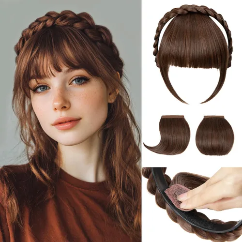 Vista 15 de SARLA Diadema trenzada con 3 flequillos desmontables con clips, extensiones de cabello con flequillo para mujer, banda de cabello sintética falsa
