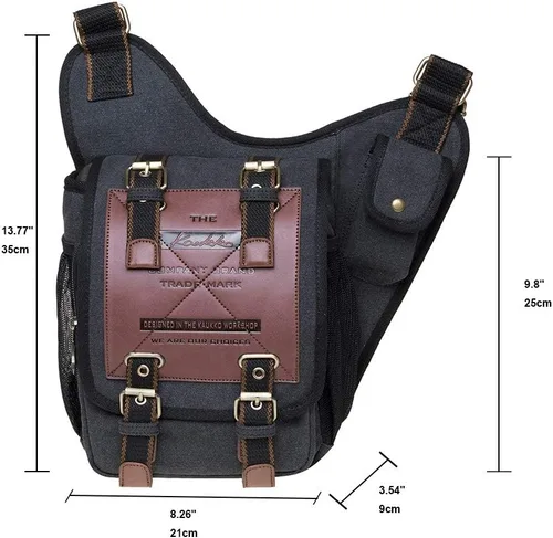 Vista 3 de Bolso de mensajero de lona vintage para hombre, bolso de mensajero de retazos de cuero en el pecho