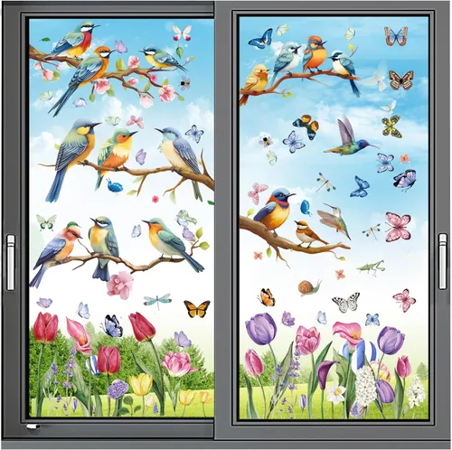 Vista 9 de Calcomanías de primavera para ventana, encanta tus ventanas de cristal con 127 piezas en 9 hojas, diseños de tulipanes, mariposas y flores para una