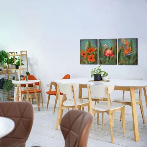 Vista 3 de SkenoArt 3 piezas de lienzo tropical flamenco arte de pared verde planta tropical naranja pintura floral impresiones decoración de pared enmarcado