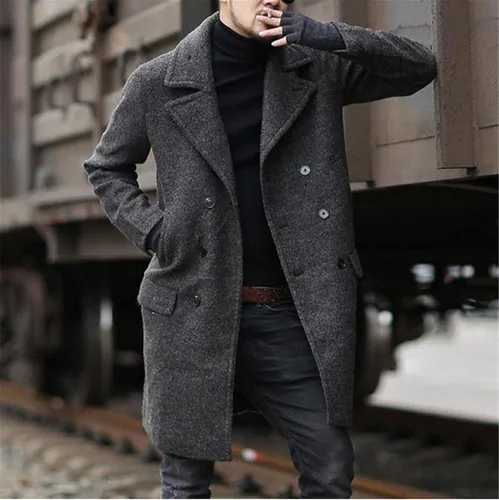 Vista 5 de Men's Winter Coat Jacket Fashion Handsome Long Wool Overcoats Comfortable Warm Soft Coat Mens Sweaters Distressed