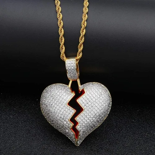 Vista 4 de putouzip Men Broken Heart Chains 18k Gold Plated Fully Iced Out Pendant Link Chain Necklace