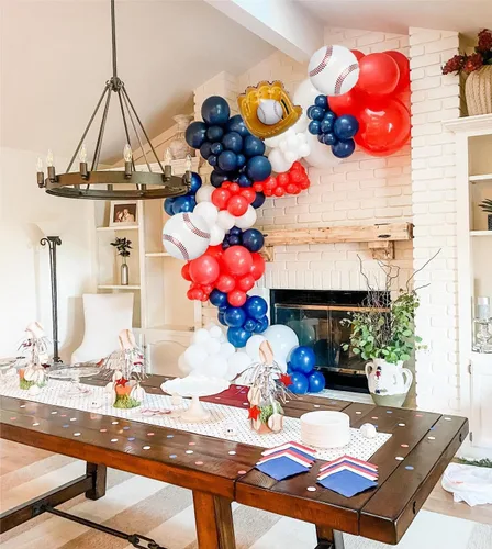 Vista 7 de Kit de guirnalda de arco de globos de béisbol, kit de guirnalda de arco de globos rojos, blancos y azules para fiestas deportivas, cumpleaños