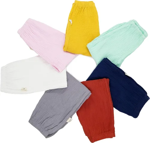 Vista 9 de Bouclede Paquete de 2 pantalones de harén de algodón suave para niñas, pantalones de lino casuales