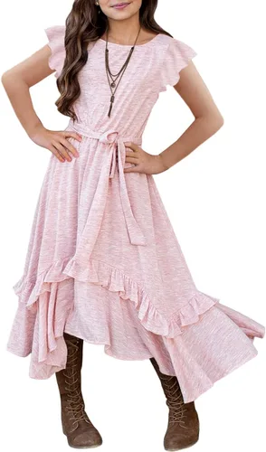 Vista 15 de MITILLY Vestido largo maxi suelto liso de manga 3/4 casual con bolsillos y volantes estilo swing con cinturón para niñas 01 Azul oscuro fultter