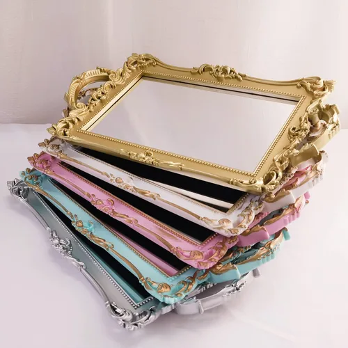 Vista 8 de Bandeja Espejo Decorativa Rectangular Pequeña, Estilo Francés, Organizador de Maquillaje, Organizador de Joyas, Bandeja para Servir, 13" x 7.8