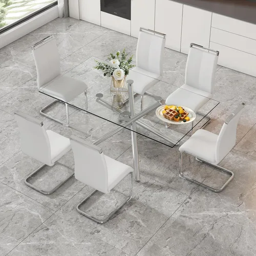 Vista 9 de Juego de 6 mesas de comedor de cristal, moderno juego de mesa de comedor de vidrio templado rectangular transparente de 71 pulgadas y 6 sillas
