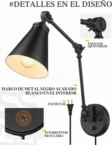 Vista 5 de LIROUVET Juego de dos apliques de pared enchufables, lámpara de pared con brazo oscilante ajustable, apliques industriales con interruptor
