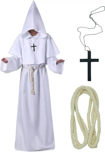 Vista 3 de FEOYA Bata medieval con capucha de monje renacentista, capa de mago, capa de hechicero, disfraz de Halloween o cosplay