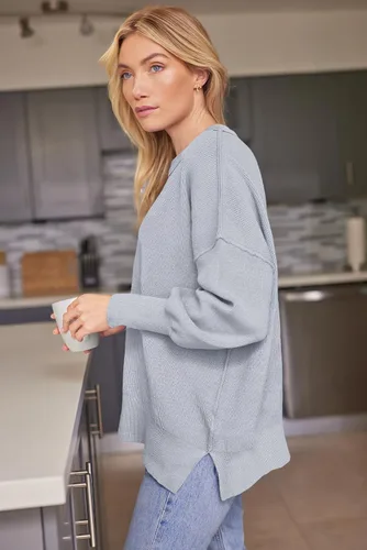 Vista 75 de Lillusory - Suéter extragrande con mangas de murciélago y cuello redondo para mujer, prenda moderna de otoño de tejido de punto sin botones