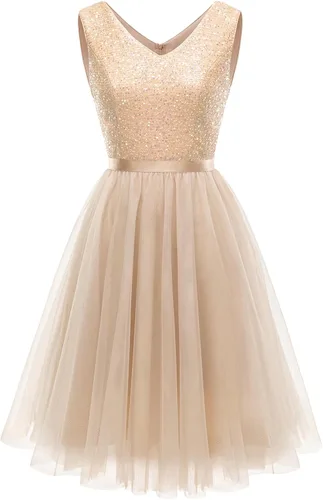 Vista 5 de Meetjen Vestido de cóctel para mujer, vestido de tul con lentejuelas, vestido de manga corta con cuello en V, vestido acampanado
