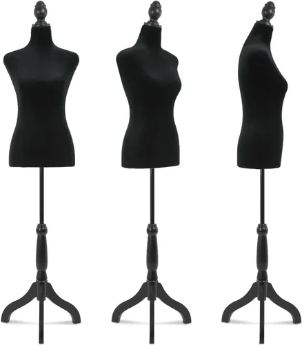 Vista 7 de Vestido de maniquí femenino con altura ajustable de 49.6 a 63.4 pulgadas, con trípode de madera para ventana, tienda, joyería, costura (negro)
