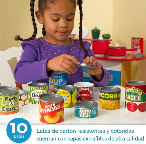 Vista 2 de Melissa & Doug, ¡Juguemos a la casa! Accesorios de cocina, Latas de comida, 10 latas apilables con tapas extraíbles Latas de comestibles