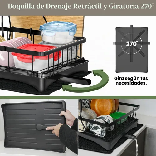 Vista 4 de DINEST Escurridor de platos de 2 niveles con escurridor, escurridor de platos de hierro resistente a la corrosión con boquilla giratoria de 270°