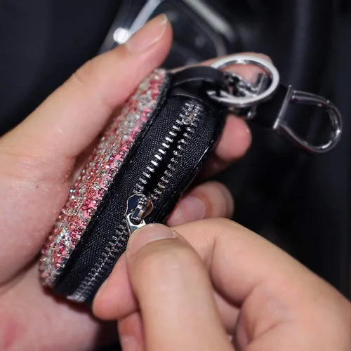 Vista 5 de Funda para llave de coche, multifuncional, con cierre y mosquetón, piel con brillantes, color rosa