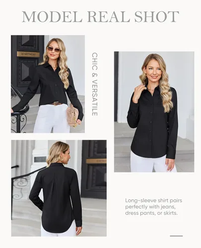Vista 6 de siliteelon Camisa con botones para mujer: camisa de vestir con cuello de manga larga de algodón con botones, blusa de trabajo y oficina
