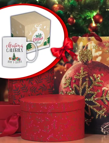 Vista 2 de BLUE RIBBON Taza de café navideña, '' Las calorías de Navidad no cuentan'', en caja decorativa, 11 onzas