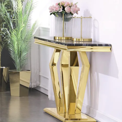 Vista 6 de ACEDCOR - Mesa consola moderna, mesa rectangular para sala de estar y entrada con base geométrica de espejo, negro dorado