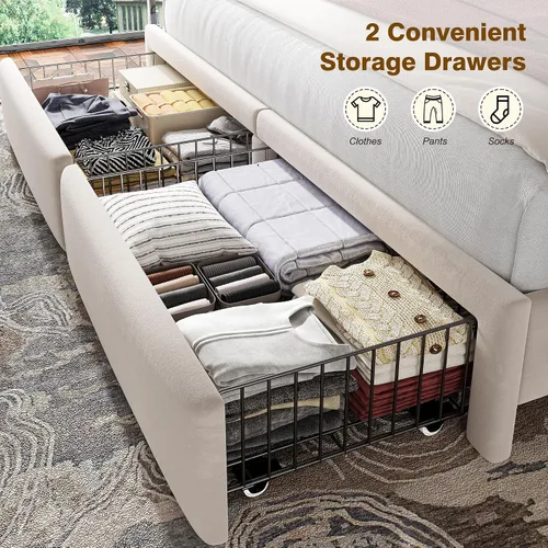 Vista 5 de Homkdom Base de cama Queen con cabecera de almacenamiento de terciopelo de Beige