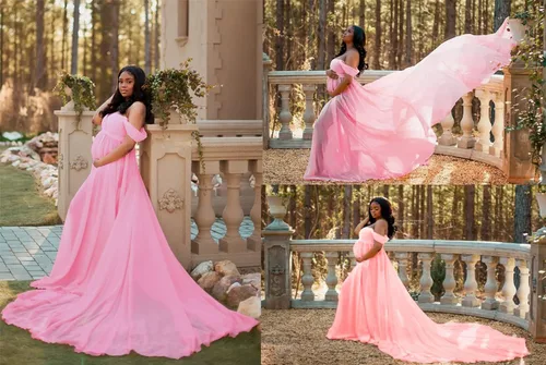 Vista 6 de ZIUMUDY Vestido largo de gasa de maternidad para sesión de fotos, fotografía con hombros descubiertos, vestido de gasa transparente envuelto