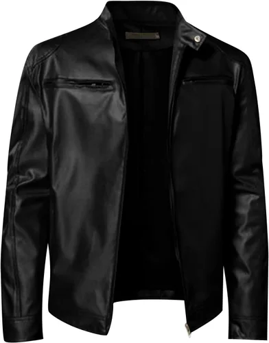 Vista 2 de WENKOMG1 Chaqueta de piel sintética para hombre, abrigo grueso de manga larga con cremallera, parka deportiva básica con bolsillo