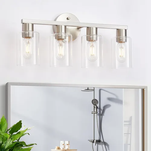 Vista 17 de Lámpara de tocador de baño de 4 luces, lámparas de baño negro mate con pantalla de vidrio transparente, 4 luces de tocador, accesorios