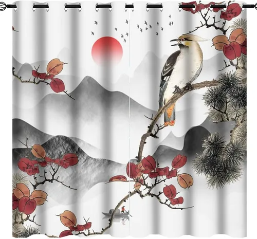 Vista 23 de Cortinas opacas para oscurecer la habitación con ojales, diseño de flores japonesas con ojales, arte retro de primavera y ramas florales, arte