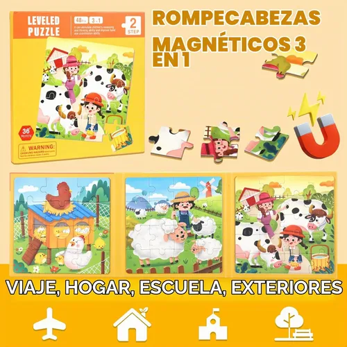 Vista 3 de Rompecabezas magnéticos para niños pequeños de 1 a 3 años, 3 en 1, divertido rompecabezas de granja, rompecabezas de viaje para niños, juguete